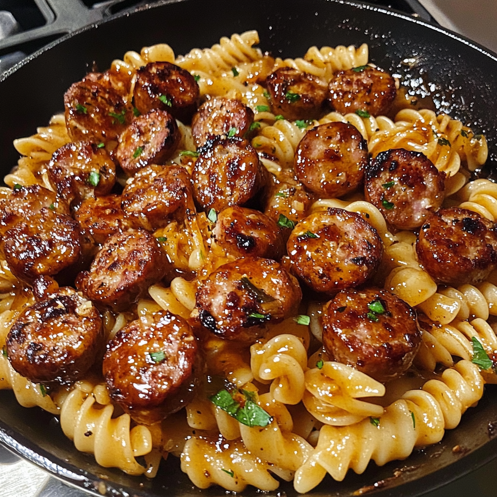 Sticky Honey Garlic Sausage Pasta Skillet