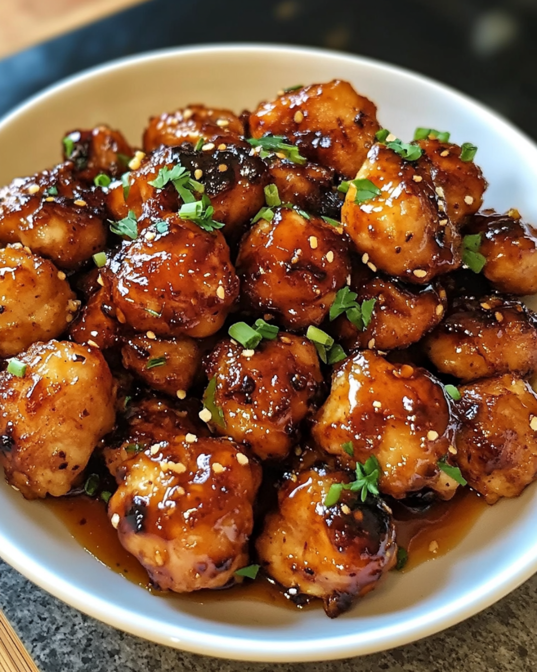 Crispy, golden-brown chicken bites coated in a sticky, smoky honey garlic glaze, garnished with sesame seeds and fresh parsley.