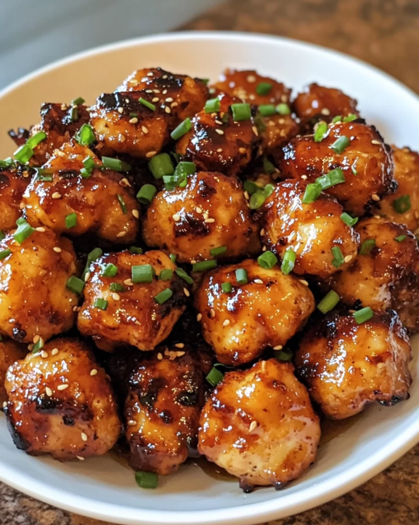 Crispy, golden-brown chicken bites coated in a sticky, smoky honey garlic glaze, garnished with sesame seeds and fresh parsley.