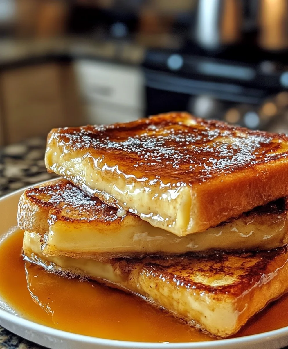 a stack of french toast with syrup on a plate