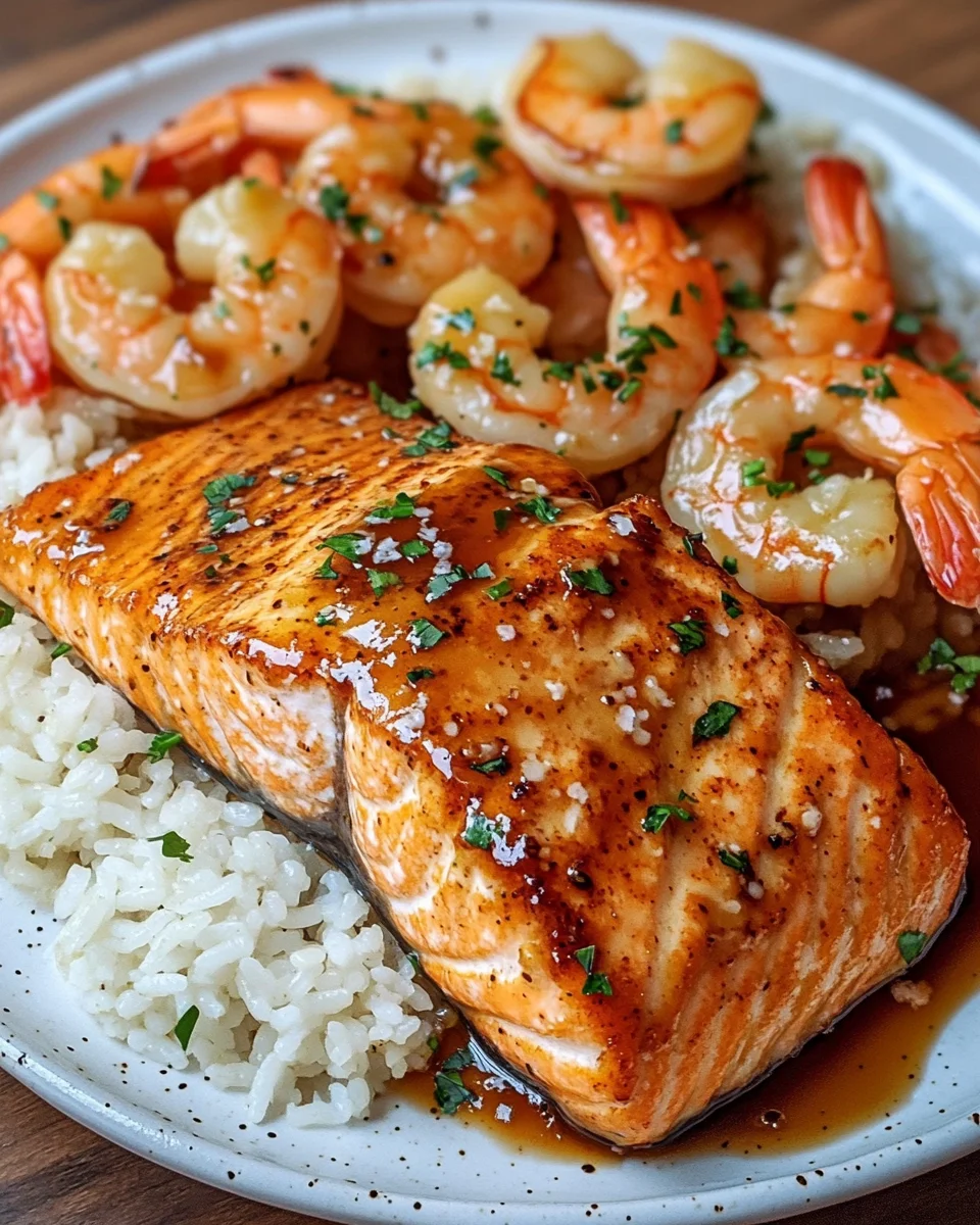 Honey Garlic Salmon and Shrimp with Garlic Butter Rice Delights!