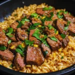Juicy Cajun-seasoned steak bites over fluffy ranch-flavored rice in a skillet, garnished with fresh parsley and green onions.