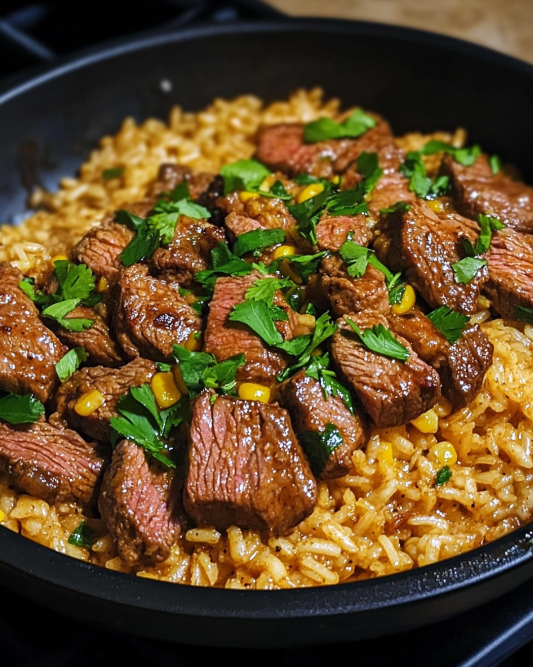 Juicy Cajun-seasoned steak bites over fluffy ranch-flavored rice in a skillet, garnished with fresh parsley and green onions.