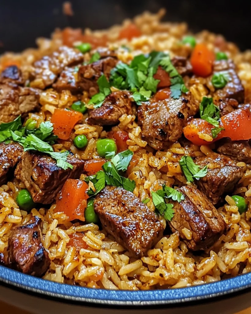 Juicy Cajun-seasoned steak bites over fluffy ranch-flavored rice in a skillet, garnished with fresh parsley and green onions.