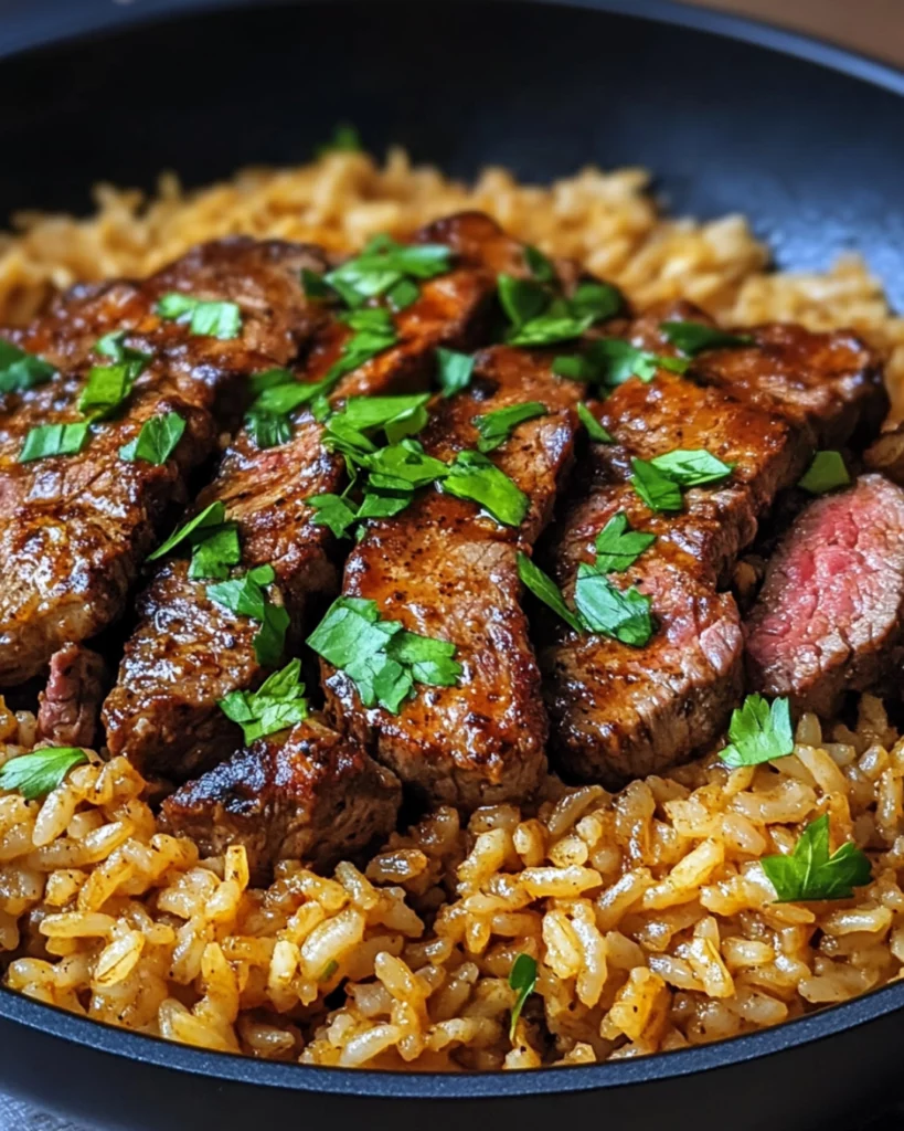 Juicy Cajun-seasoned steak bites over fluffy ranch-flavored rice in a skillet, garnished with fresh parsley and green onions.