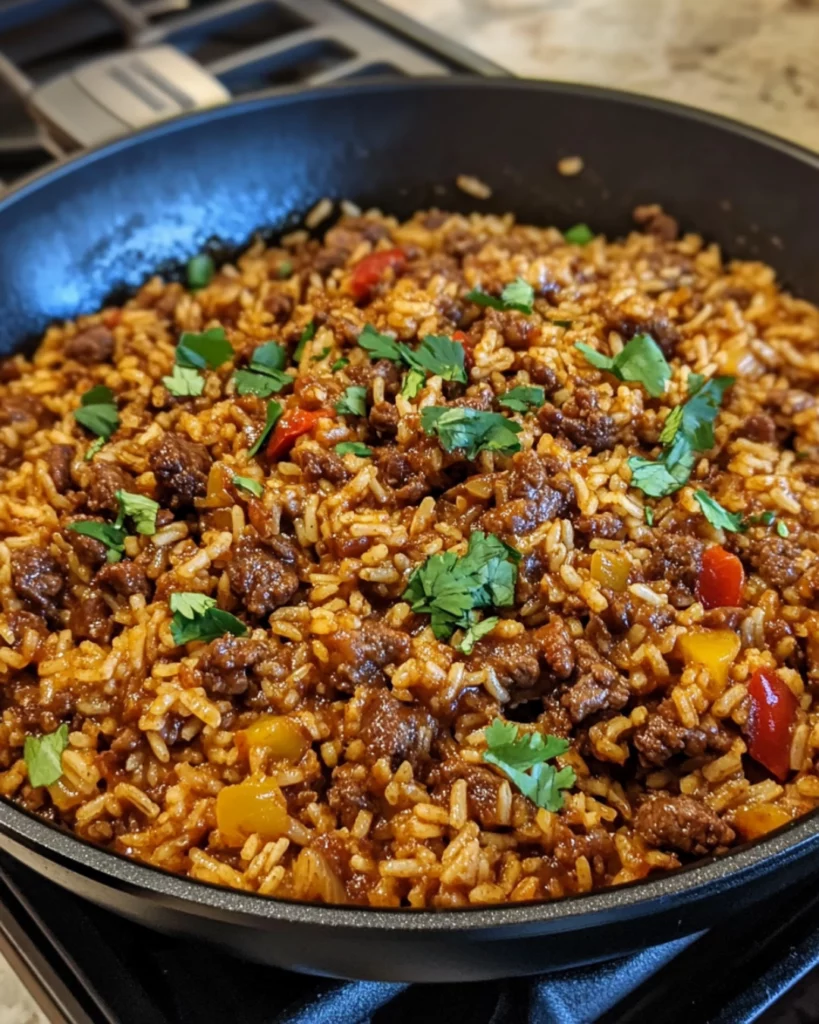 A delicious bowl of smoky honey chili beef rice, garnished with fresh cilantro and lime wedges, served in a skillet.