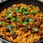A delicious bowl of smoky honey chili beef rice, garnished with fresh cilantro and lime wedges, served in a skillet.