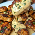 A plate of juicy grilled chicken bites drizzled with creamy garlic sauce, garnished with parsley and served with a side of rice.