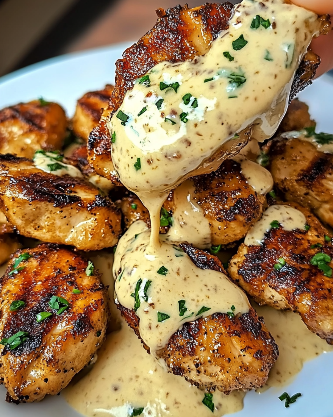 A plate of juicy grilled chicken bites drizzled with creamy garlic sauce, garnished with parsley and served with a side of rice.