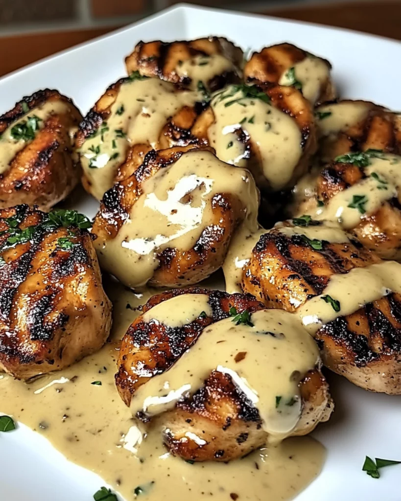 A plate of juicy grilled chicken bites drizzled with creamy garlic sauce, garnished with parsley and served with a side of rice.