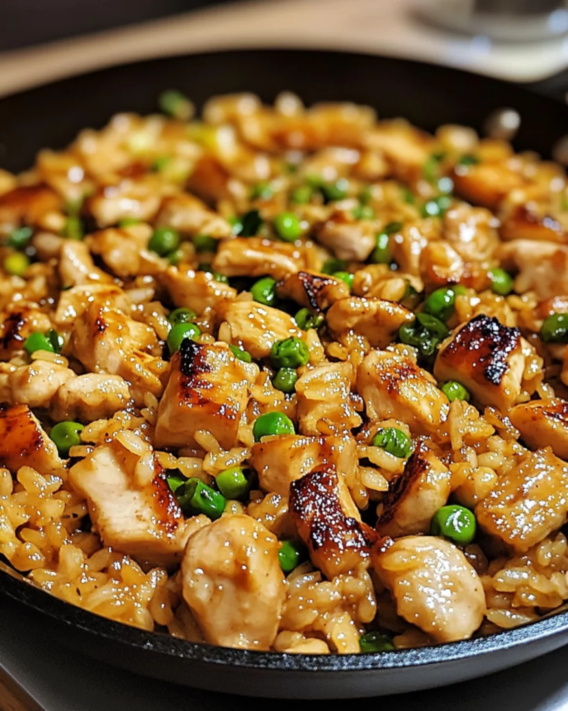 A sizzling skillet of Hibachi Chicken with fried rice and vegetables, garnished with sesame seeds and green onions.