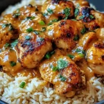 A plate of smothered chicken and rice with creamy gravy, served with fresh herbs and a side of vegetables.