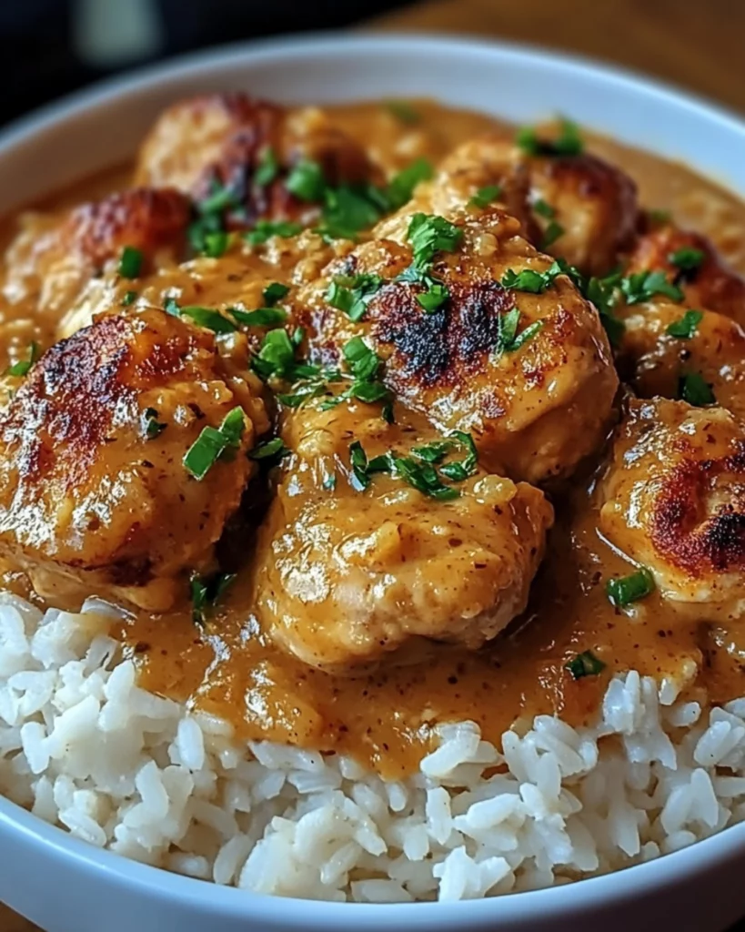 A plate of smothered chicken and rice with creamy gravy, served with fresh herbs and a side of vegetables.