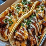 Juicy Garlic Butter Honey BBQ Chicken Tacos topped with fresh cilantro, cheese, and lime wedges on a wooden plate.