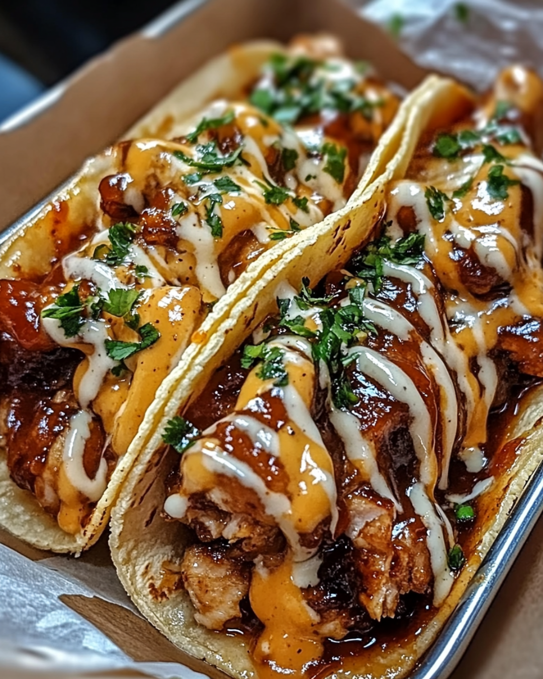Juicy Garlic Butter Honey BBQ Chicken Tacos topped with fresh cilantro, cheese, and lime wedges on a wooden plate.