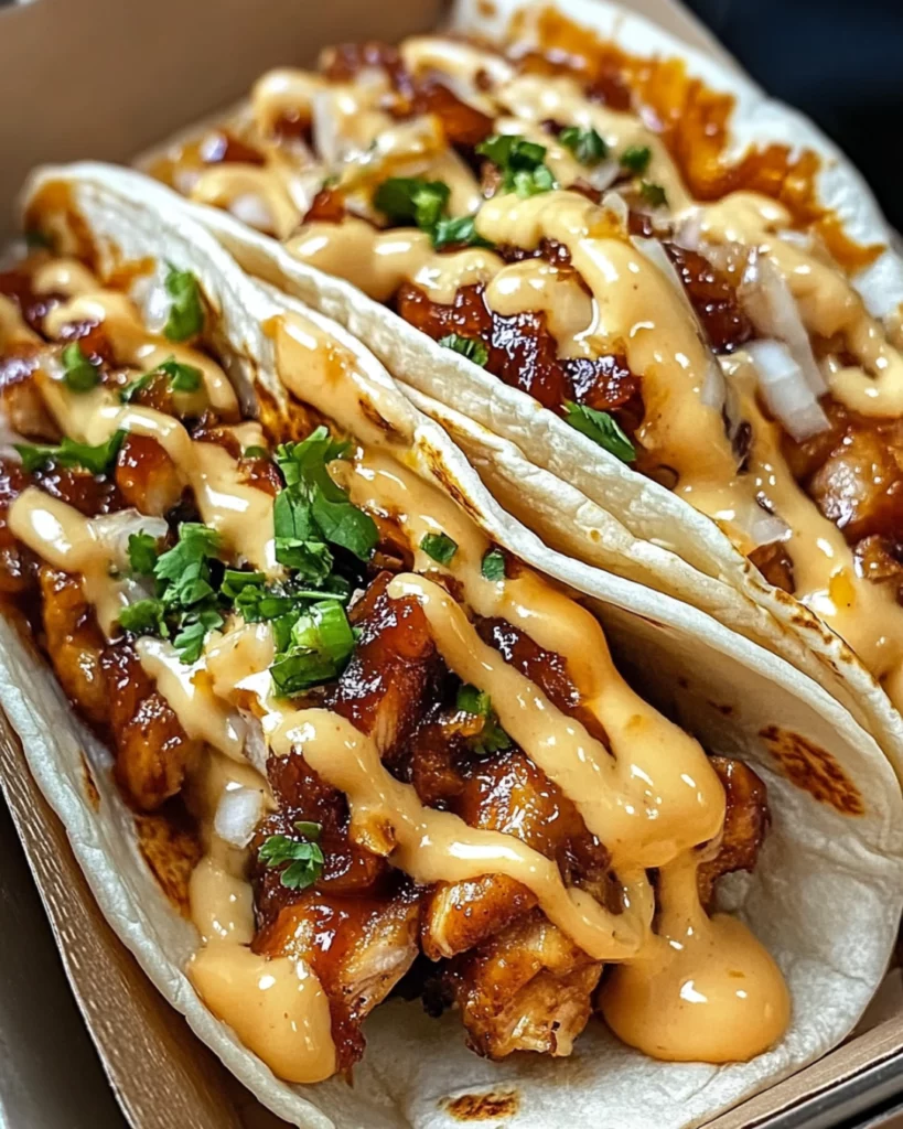 Juicy Garlic Butter Honey BBQ Chicken Tacos topped with fresh cilantro, cheese, and lime wedges on a wooden plate.
