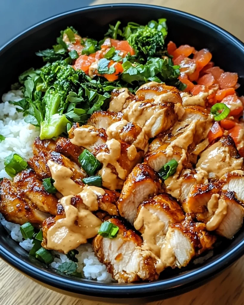 A colorful Thai Peanut Chicken Bowl with tender chicken, fresh vegetables, and creamy peanut sauce, garnished with peanuts and lime wedges.