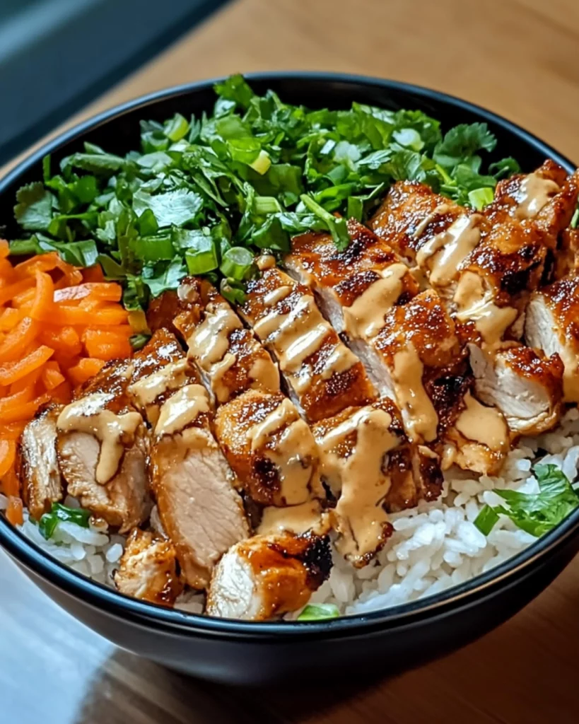 A colorful Thai Peanut Chicken Bowl with tender chicken, fresh vegetables, and creamy peanut sauce, garnished with peanuts and lime wedges.