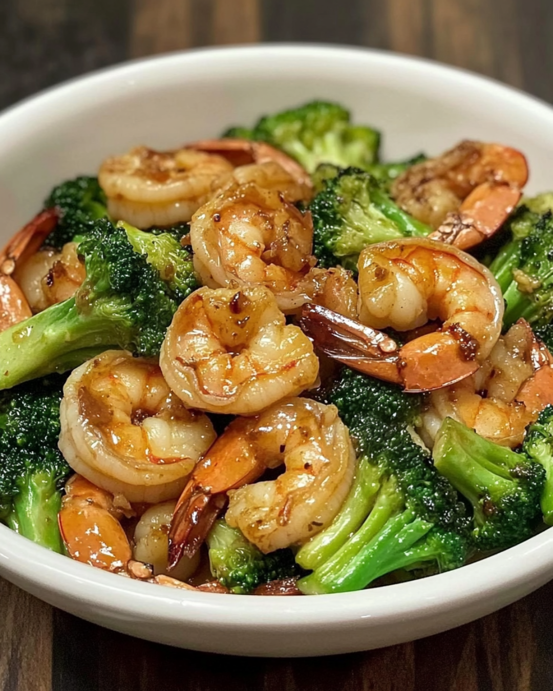 A plate of stir-fried shrimp and broccoli with a savory garlic-ginger sauce, served over steamed rice.