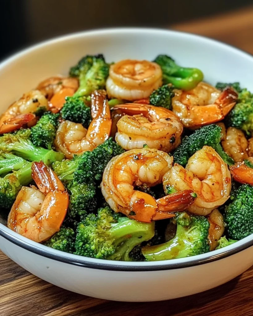 A plate of stir-fried shrimp and broccoli with a savory garlic-ginger sauce, served over steamed rice.