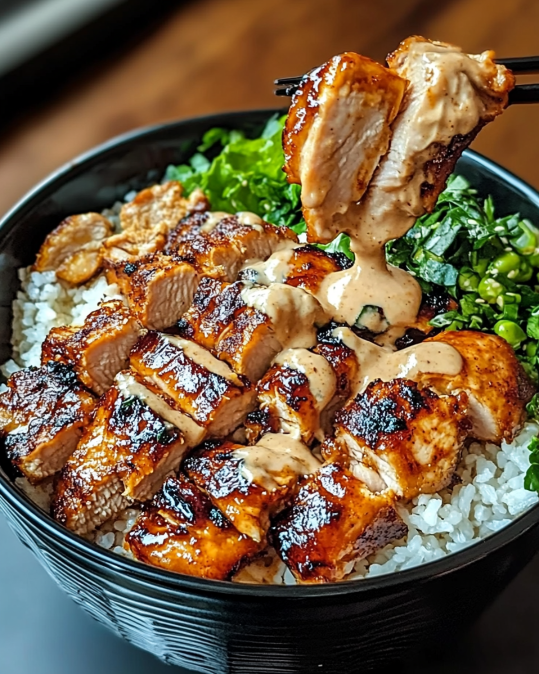 A colorful Thai Peanut Chicken Bowl with tender chicken, fresh vegetables, and creamy peanut sauce, garnished with peanuts and lime wedges.