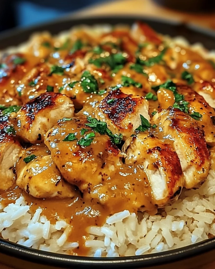 A plate of smothered chicken and rice with creamy gravy, served with fresh herbs and a side of vegetables.