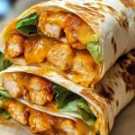 Golden-brown air fryer spicy chicken and cheese wraps sliced in half, showing the melty cheese and juicy chicken filling inside