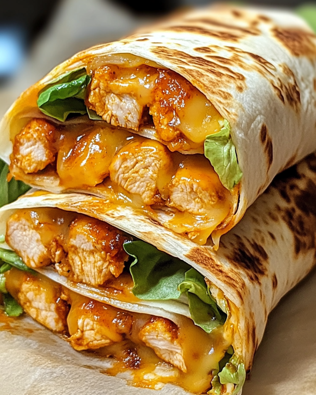 Golden-brown air fryer spicy chicken and cheese wraps sliced in half, showing the melty cheese and juicy chicken filling inside