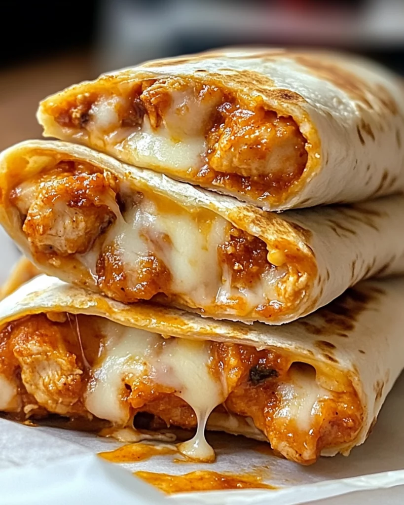 Golden-brown air fryer spicy chicken and cheese wraps sliced in half, showing the melty cheese and juicy chicken filling inside