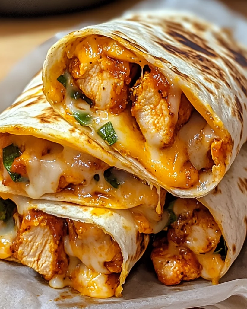 Golden-brown air fryer spicy chicken and cheese wraps sliced in half, showing the melty cheese and juicy chicken filling inside