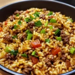 A plate of homemade Dirty Rice with Ground Beef, garnished with fresh green onions and parsley for a flavorful Southern-style meal.