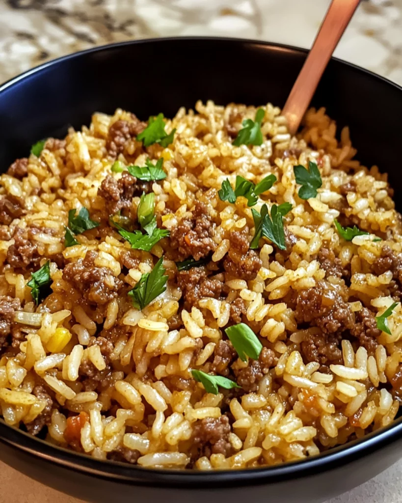 A plate of homemade Dirty Rice with Ground Beef, garnished with fresh green onions and parsley for a flavorful Southern-style meal.