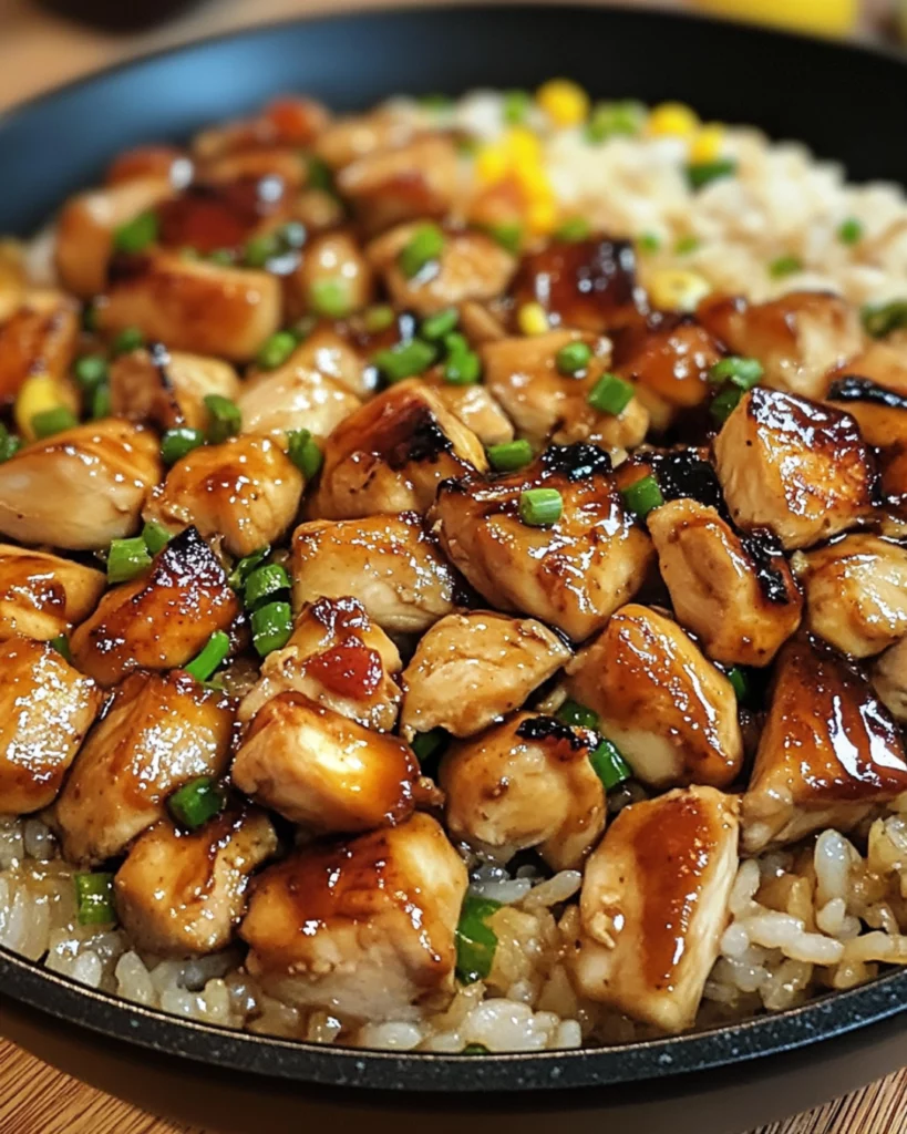 A sizzling skillet of Hibachi Chicken with fried rice and vegetables, garnished with sesame seeds and green onions.