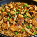A sizzling skillet of Hibachi Chicken with fried rice and vegetables, garnished with sesame seeds and green onions.