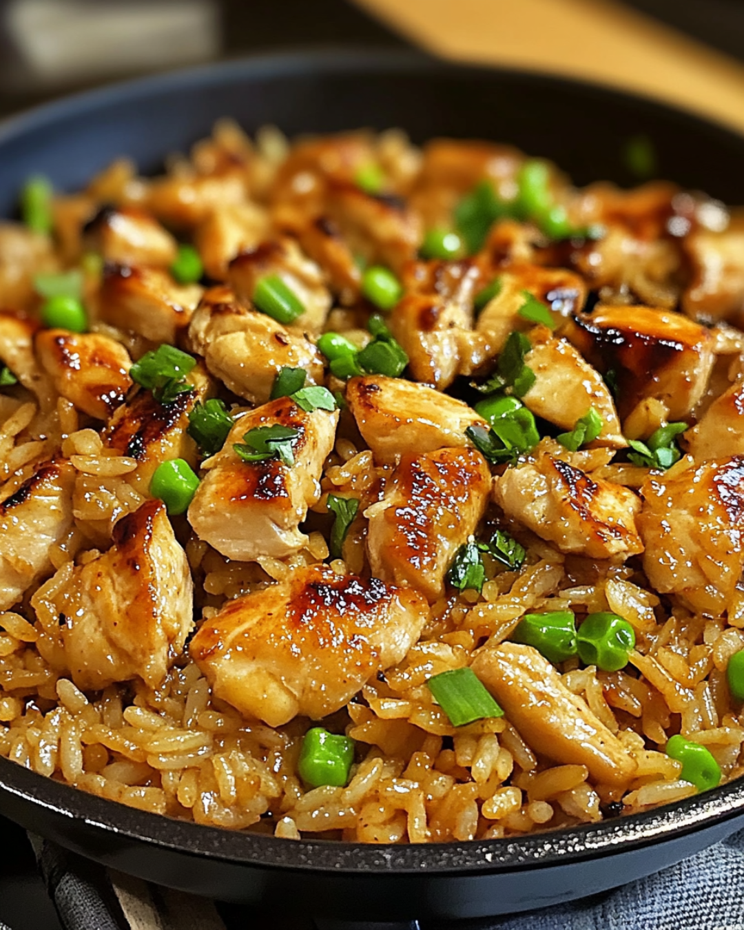 A sizzling skillet of Hibachi Chicken with fried rice and vegetables, garnished with sesame seeds and green onions.