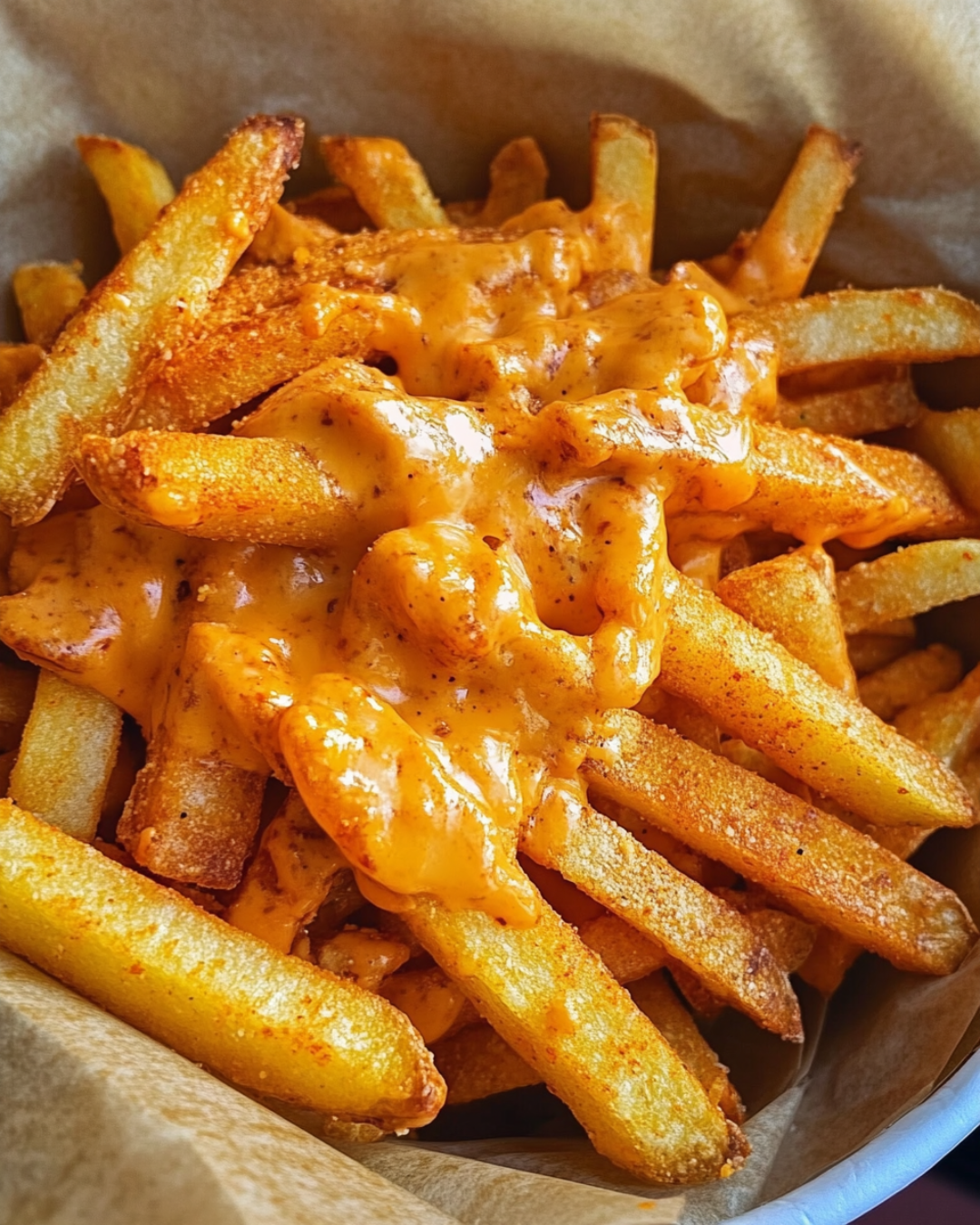 Homemade Taco Bell Nacho Fries with a side of creamy nacho cheese sauce