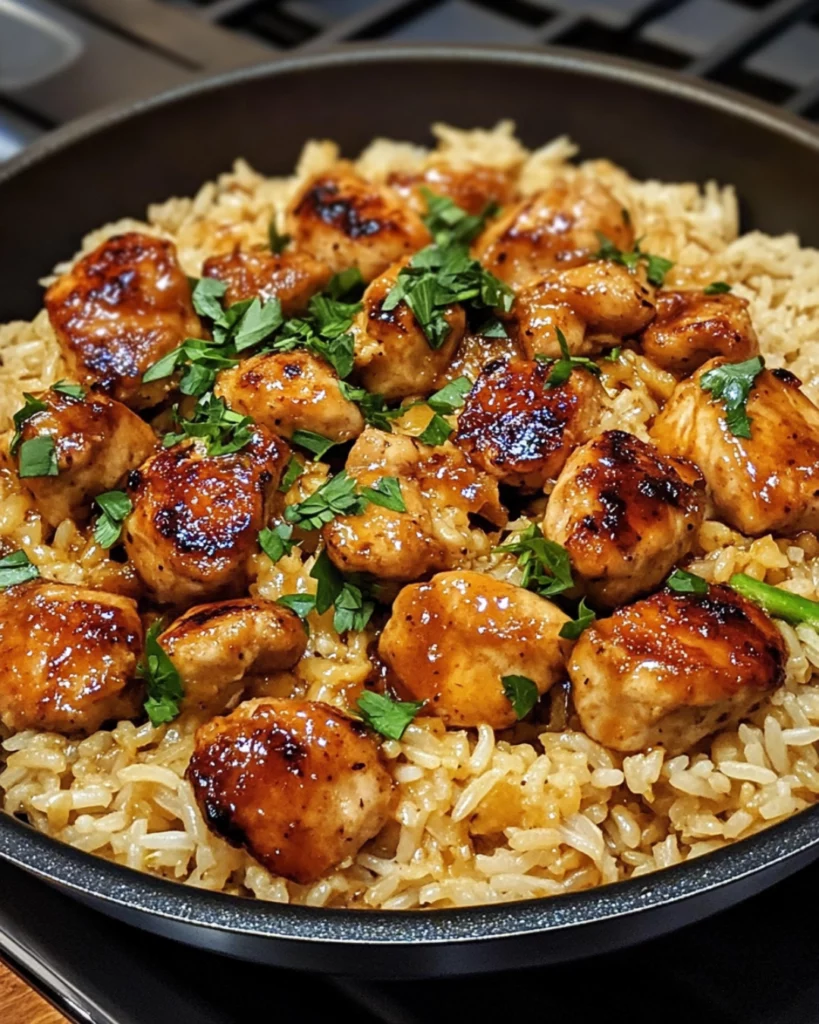 A skillet filled with golden honey butter garlic chicken and fluffy rice, garnished with fresh parsley and sesame seeds.