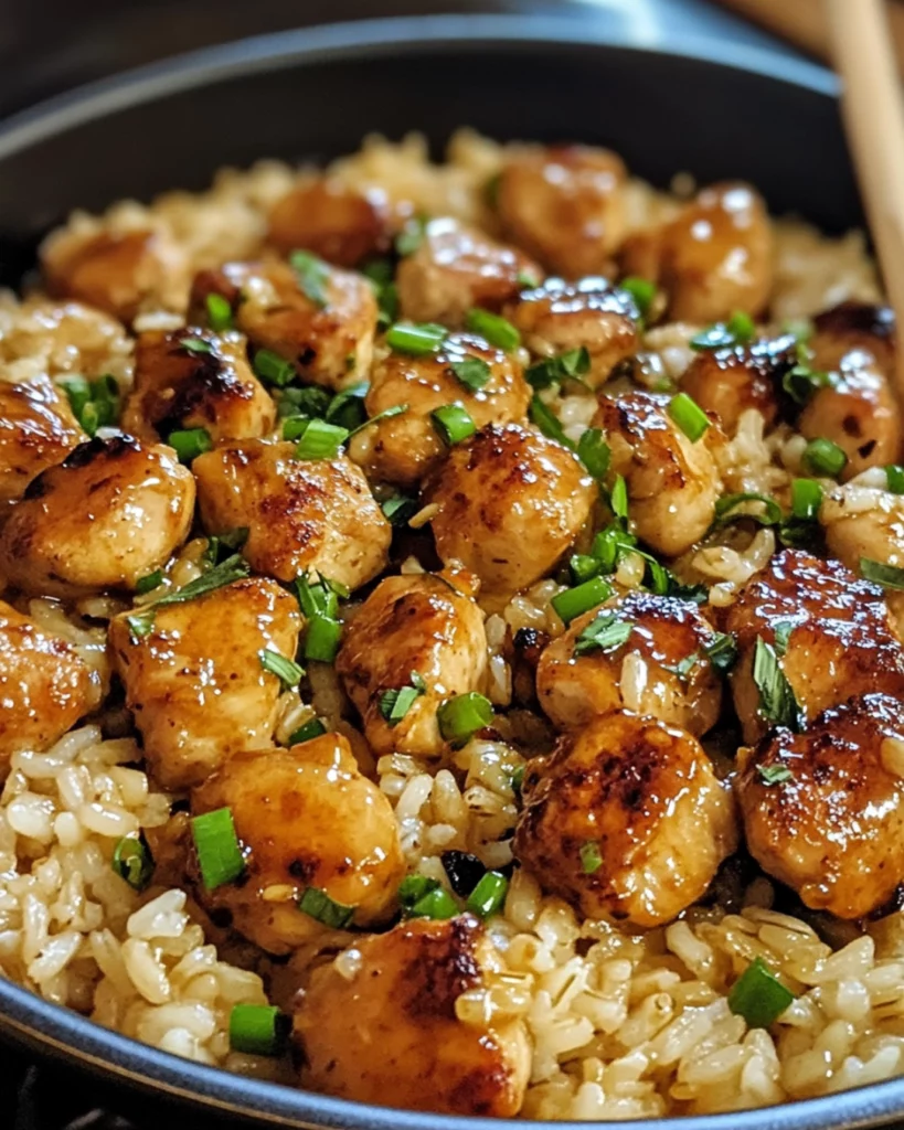 A skillet filled with golden honey butter garlic chicken and fluffy rice, garnished with fresh parsley and sesame seeds.