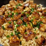 A skillet filled with golden honey butter garlic chicken and fluffy rice, garnished with fresh parsley and sesame seeds.