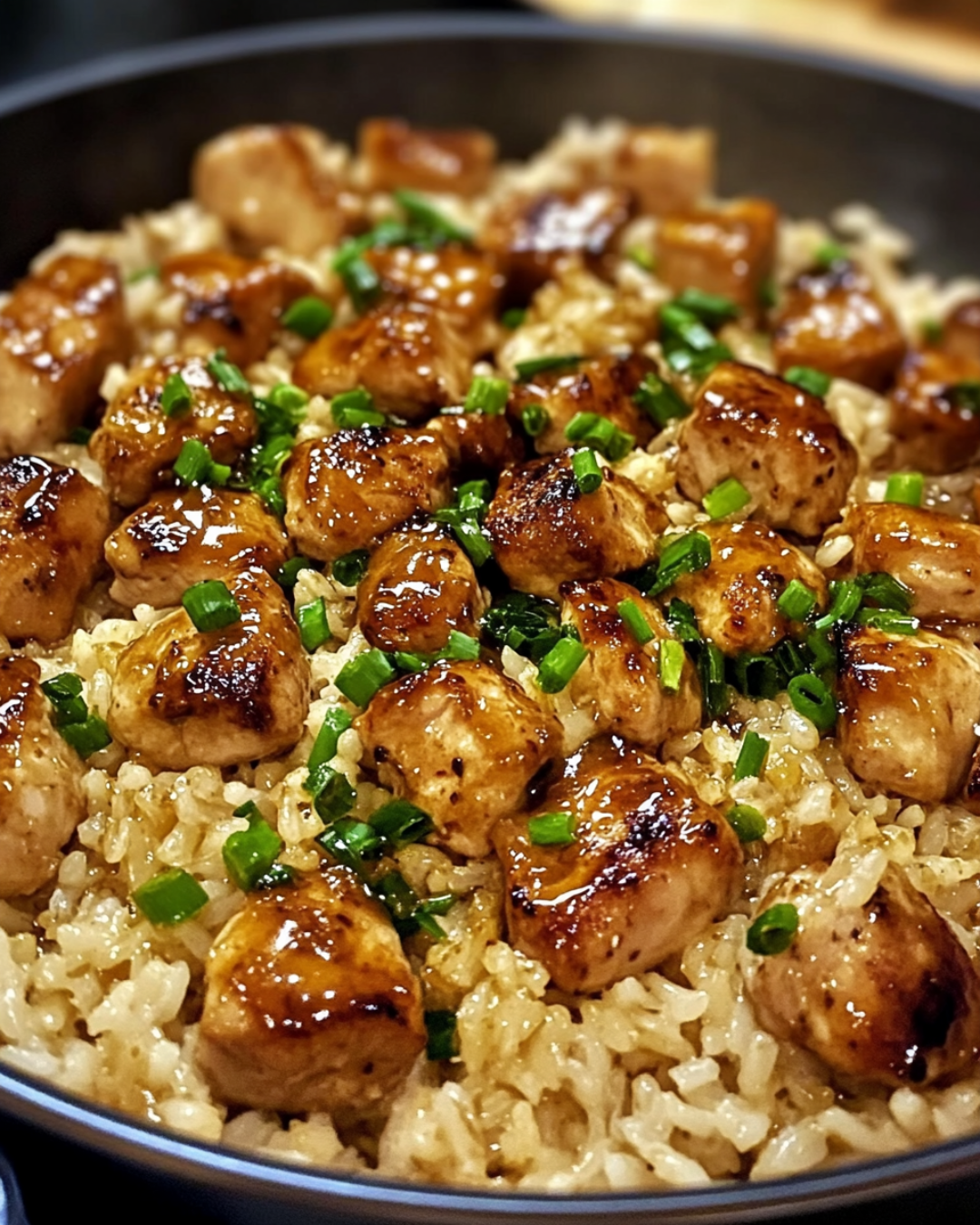 A skillet filled with golden honey butter garlic chicken and fluffy rice, garnished with fresh parsley and sesame seeds.