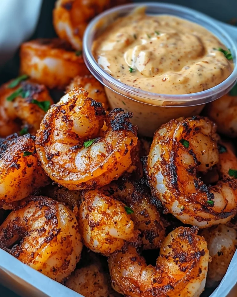 Crispy Cajun shrimp on toasted baguette with creamy remoulade sauce, garnished with fresh parsley.