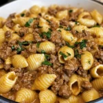 A bowl of creamy beef and pasta shells topped with fresh parsley and melted cheese, served in a white dish.