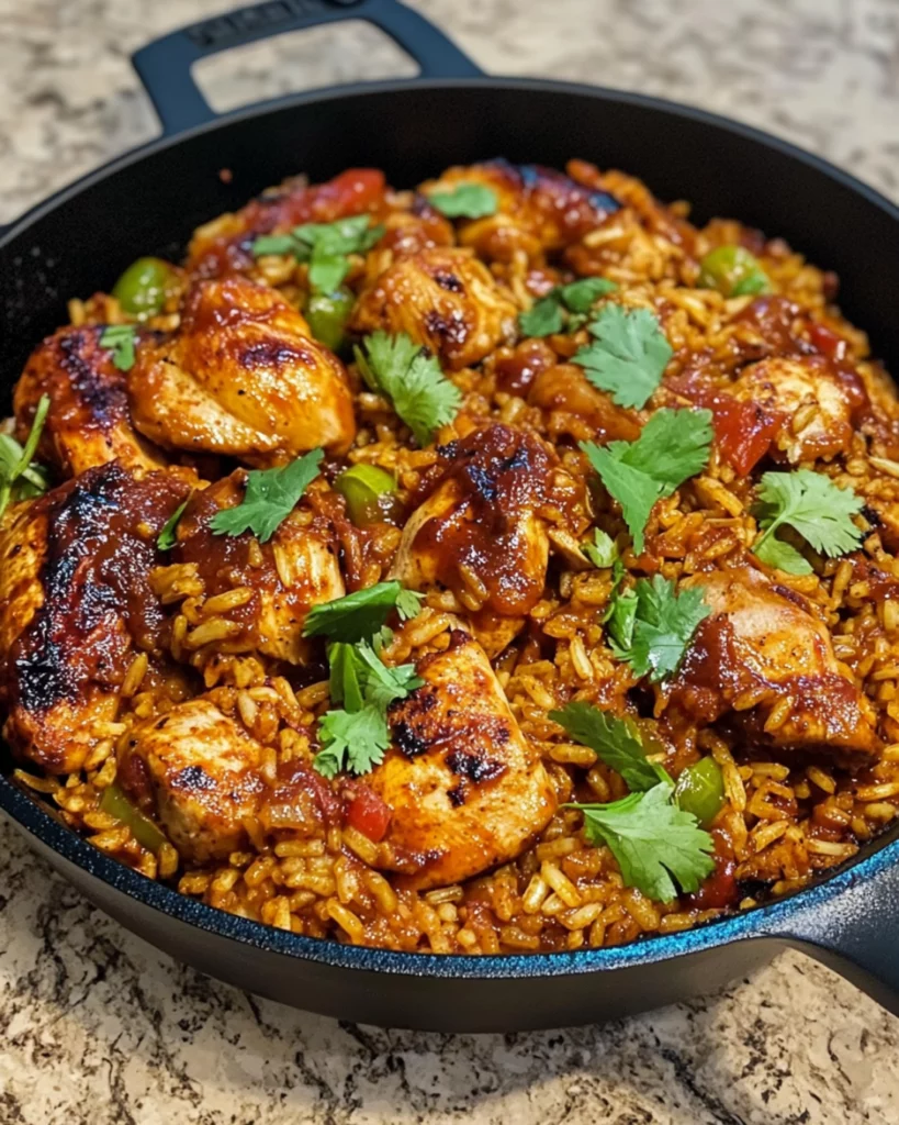 A skillet filled with spicy Cajun BBQ chicken and rice, topped with green onions and fresh parsley.