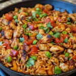 A skillet filled with spicy Cajun BBQ chicken and rice, topped with green onions and fresh parsley.