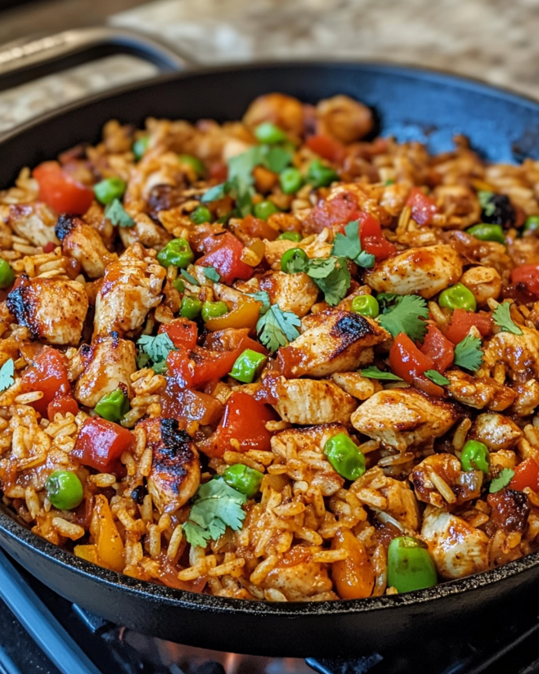 A skillet filled with spicy Cajun BBQ chicken and rice, topped with green onions and fresh parsley.
