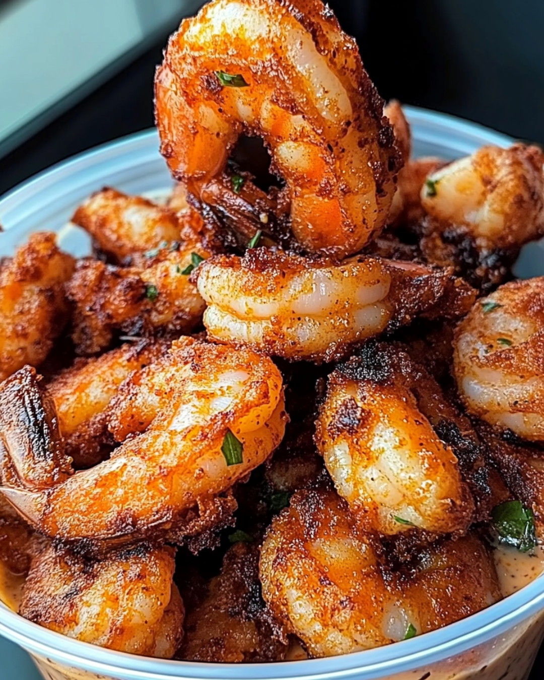 Crispy Cajun shrimp on toasted baguette with creamy remoulade sauce, garnished with fresh parsley.