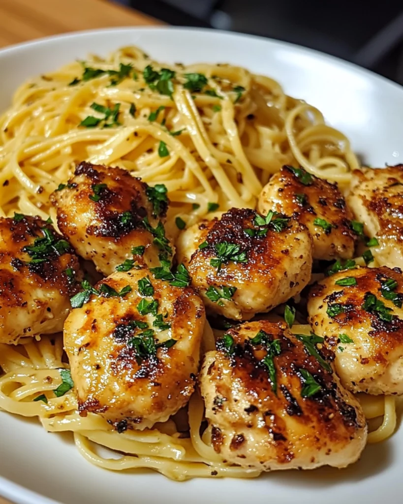Lemon Garlic Butter Chicken Bites with Parmesan Linguine, garnished with parsley and Parmesan, served on a white plate.
