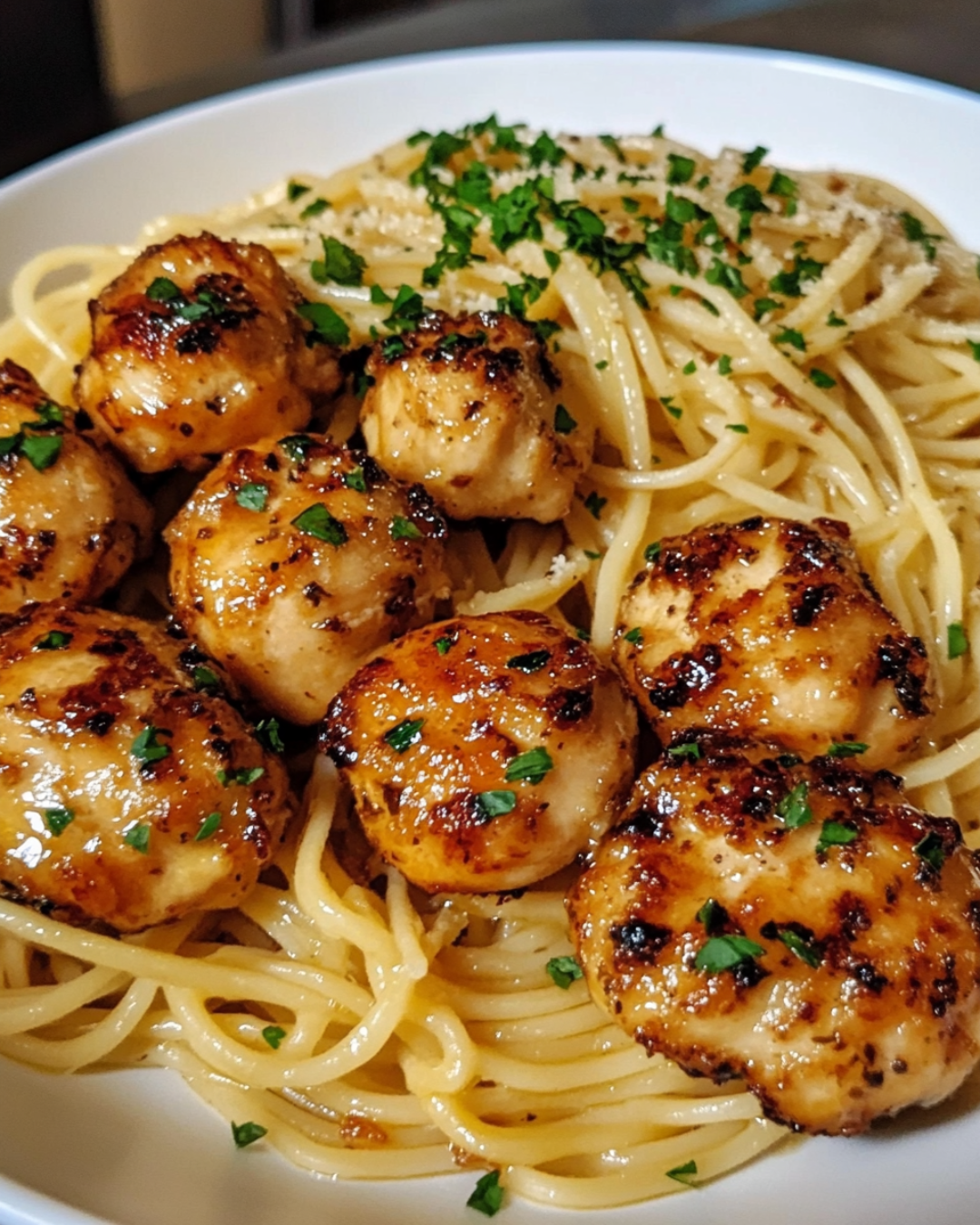 Lemon Garlic Butter Chicken Bites with Parmesan Linguine, garnished with parsley and Parmesan, served on a white plate.