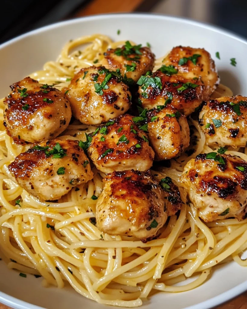 Lemon Garlic Butter Chicken Bites with Parmesan Linguine, garnished with parsley and Parmesan, served on a white plate.