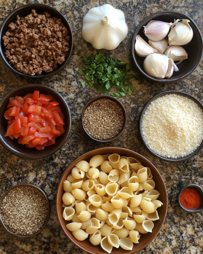 A bowl of creamy beef and pasta shells topped with fresh parsley and melted cheese, served in a white dish.